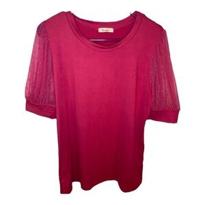 Hot pink blouse w/ lace polka dot sleeve detail